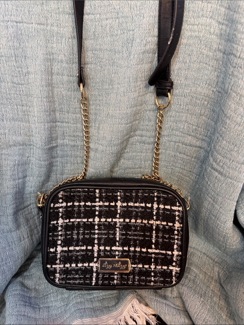 Black Tweed Crossbody Bag with Gold Chain itzy ritzy diaper bag mini